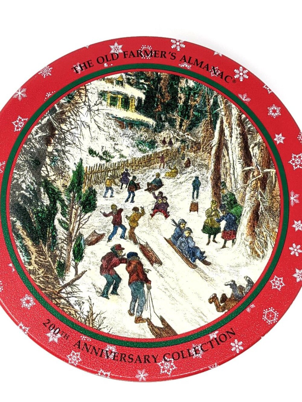 Old Farmers Almanac Christmas Cookie Tin 200th Anniversary 1992 8x3 Sledding